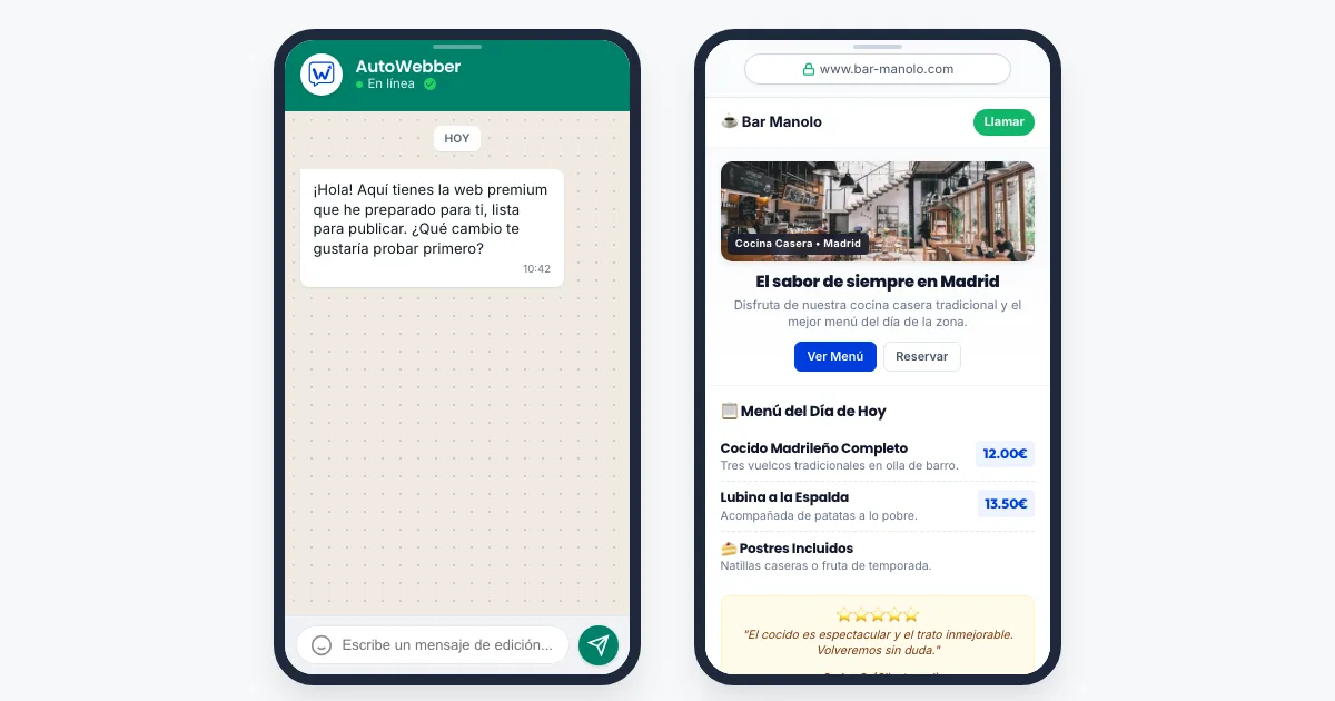 Demostración de AutoWebber: un chat de WhatsApp junto a la web de un restaurante gestionada desde ese chat